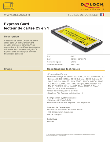 DeLOCK 61837 Express Card 25 in1 Card Reader Fiche technique | Fixfr