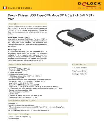 DeLOCK 87755 USB Type-C™ Splitter (DP Alt Mode) to 2 x HDMI MST / VXP  Fiche technique | Fixfr
