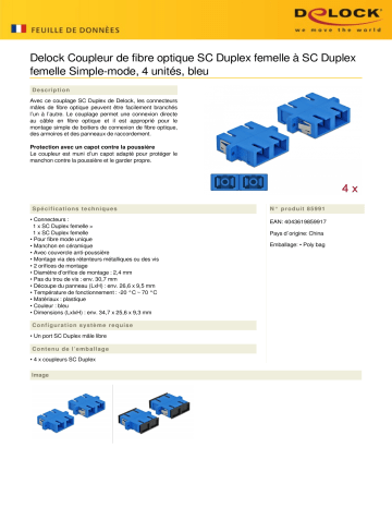 DeLOCK 85991 Optical Fiber Coupler SC Duplex female to SC Duplex female Single-mode 4 pieces blue Fiche technique | Fixfr