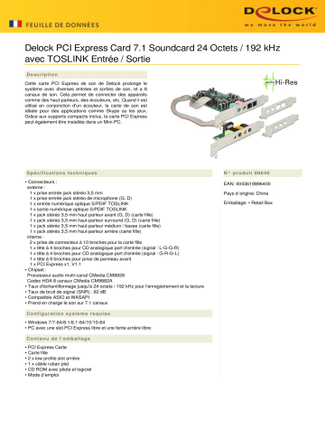 DeLOCK 89640 PCI Express Soundcard 7.1 - 24 Bit / 192 kHz Fiche technique | Fixfr