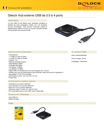 DeLOCK 62485 USB 3.0 External Hub 4 Port Fiche technique | Fixfr