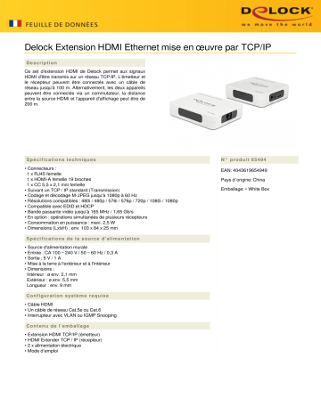 DeLOCK 65494 HDMI Ethernet Extender Set by TCP/IP Fiche technique | Fixfr