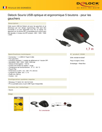 DeLOCK 12548 Egonomic optical 5-button USB mouse - left handers Fiche technique | Fixfr