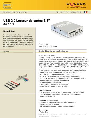 DeLOCK 91639 USB 2.0 CardReader 3.5” 34 in 1 Fiche technique | Fixfr