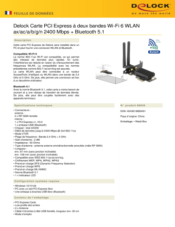 DeLOCK 89049 PCI Express Card Dual band Wi-Fi 6 WLAN ax/ac/a/b/g/n 2400 Mbps + Bluetooth 5.1  Fiche technique | Fixfr