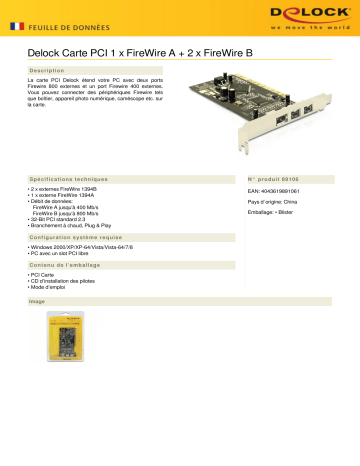DeLOCK 89106 PCI Card 1 x FireWire A + 2 x FireWire B Fiche technique | Fixfr