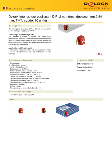 DeLOCK 66151 DIP sliding switch 2-digit 2.54 mm pitch THT angled red 10 pieces Fiche technique | Fixfr