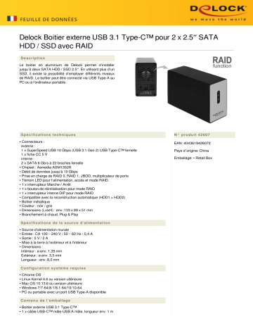 DeLOCK 42607 External USB 3.1 Type-C™ Enclosure for 2 x 2.5″ SATA HDD / SSD Fiche technique | Fixfr