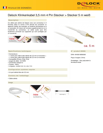 DeLOCK 85606 Klinkenkabel 3,5 mm 4 Pin Stecker > Stecker 5 m weiß Fiche technique | Fixfr