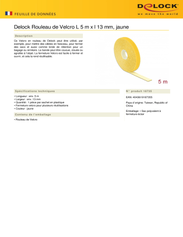 DeLOCK 18735 Velcro tape on roll L 5 m x W 13 mm yellow Fiche technique | Fixfr