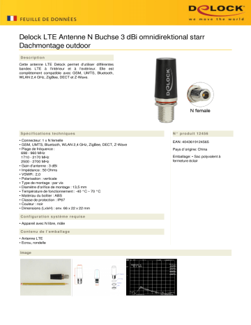 DeLOCK 12456 LTE Antenna N Jack 3 dBi omnidirectional fixed roof mount outdoor Fiche technique | Fixfr