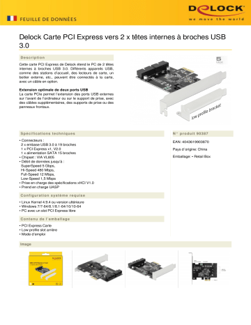 DeLOCK 90387 PCI Express Card to 2 x internal USB 3.0 Pin Header Fiche technique | Fixfr