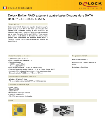 DeLOCK 42481 External 4-Bay Raid Box 3.5″ SATA HDD > USB 3.0 / eSATA Fiche technique | Fixfr