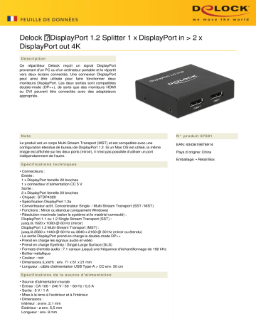 DeLOCK 87691 DisplayPort 1.2 Splitter 1 x DisplayPort in > 2 x DisplayPort out 4K Fiche technique | Fixfr