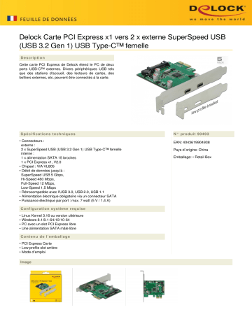 DeLOCK 90493 PCI Express x1 Card to 2 x external SuperSpeed USB (USB 3.2 Gen 1) USB Type-C™ female Fiche technique | Fixfr