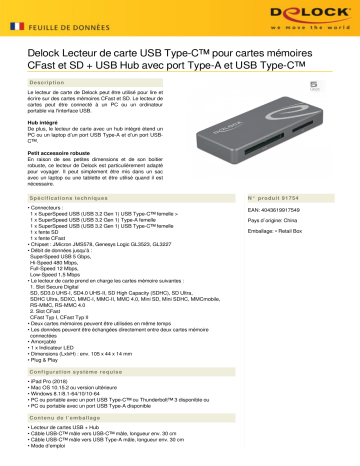 DeLOCK 91754 USB Type-C™ Card Reader for CFast and SD memory cards + USB Hub Fiche technique | Fixfr