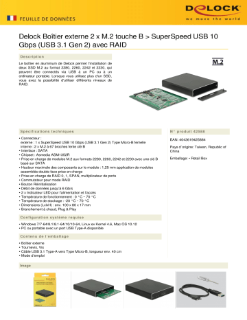 DeLOCK 42588 External Enclosure 2 x M.2 Key B > SuperSpeed USB 10 Gbps (USB 3.1 Gen 2) Fiche technique | Fixfr