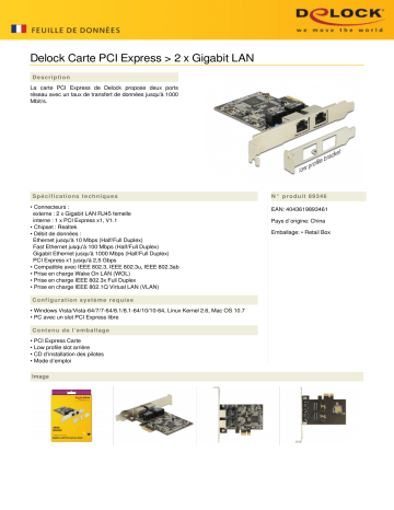 DeLOCK 89346 PCI Express x1 Card 2 x RJ45 Gigabit LAN RTL8111 Fiche technique | Fixfr