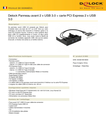 DeLOCK 61893 Front Panel 2 x USB 3.0 + PCI Express Card 2 x USB 3.0 Fiche technique | Fixfr