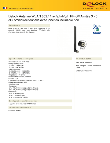 DeLOCK 88898 WLAN 802.11 ac/a/h/b/g/n Antenna RP-SMA plug 3 - 5 dBi omnidirectional Fiche technique | Fixfr