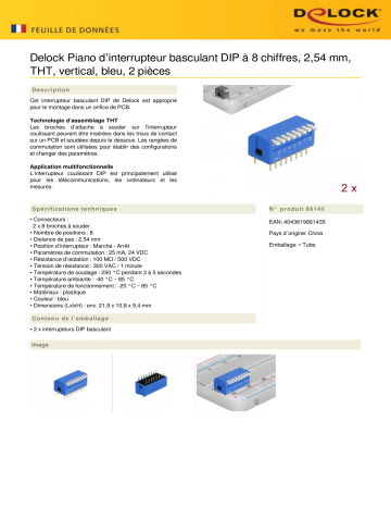 DeLOCK 66143 DIP flip switch piano 8-digit 2.54 mm pitch THT vertical blue 2 pieces Fiche technique | Fixfr