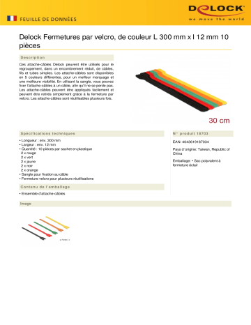 DeLOCK 18703 Hook-and-loop fasteners coloured L 300 mm x W 12 mm 10 pieces Fiche technique | Fixfr