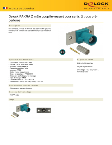 DeLOCK 89796 FAKRA Z plug spring pin for crimping 2 prepunched holes Fiche technique | Fixfr