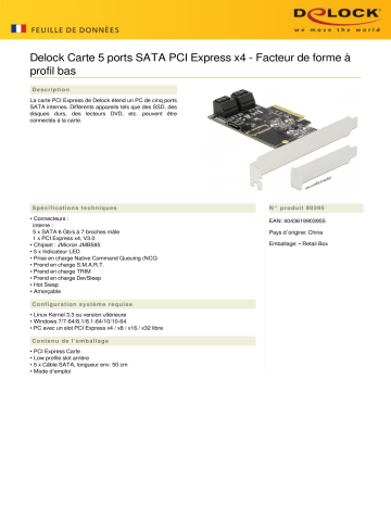 DeLOCK 90395 5 port SATA PCI Express x4 Card - Low Profile Form Factor Fiche technique | Fixfr