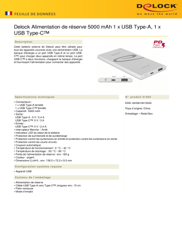 DeLOCK 41504 Power Bank 5000 mAh 1 x USB Type-A, 1 x USB Type-C™ Fiche technique | Fixfr