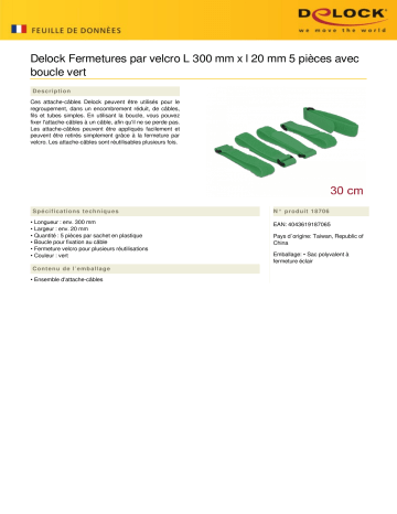 DeLOCK 18706 Hook-and-loop fasteners L 300 mm x W 20 mm 5 pieces Fiche technique | Fixfr