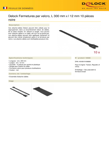 DeLOCK 18688 Hook-and-loop fasteners L 300 mm x W 12 mm 10 pieces black Fiche technique | Fixfr