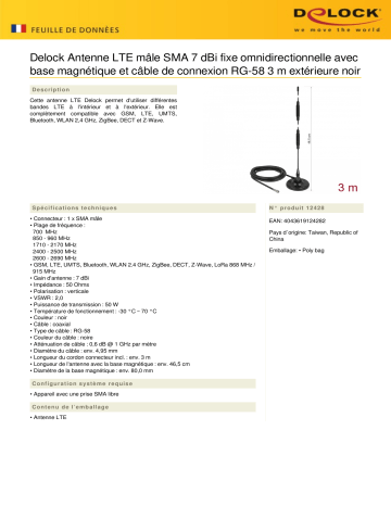 DeLOCK 12428 LTE Antenna SMA plug 7 dBi fixed omnidirectional Fiche technique | Fixfr