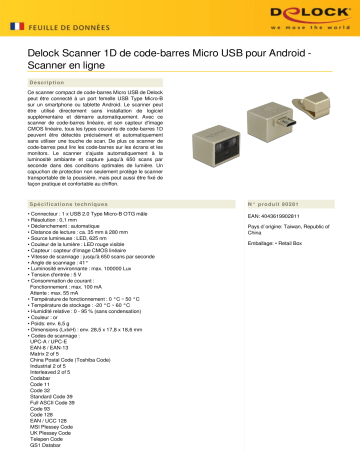 DeLOCK 90281 Micro USB Barcode Scanner 1D for Android - Line scanner Fiche technique | Fixfr