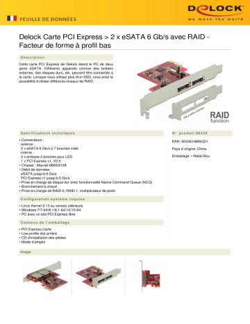 DeLOCK 89432 PCI Express Card > 2 x eSATA 6 Gb/s Fiche technique | Fixfr