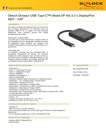 DeLOCK 87754 USB Type-C™ Splitter (DP Alt Mode) to 2 x DisplayPort MST / VXP Fiche technique | Fixfr
