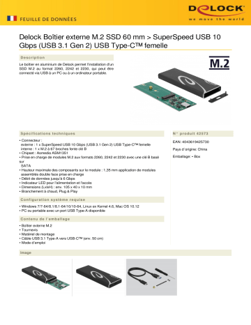 DeLOCK 42573 External Enclosure M.2 SSD 60 mm > SuperSpeed USB 10 Gbps (USB 3.1 Gen 2) USB Type-C™ female Fiche technique | Fixfr