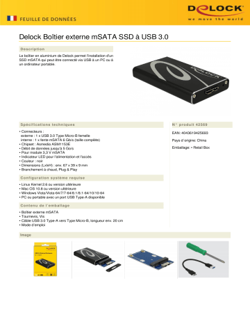 DeLOCK 42569 External Enclosure mSATA SSD > USB 3.0 Fiche technique | Fixfr