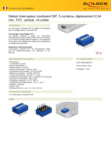 DeLOCK 66376 DIP sliding switch 5-digit 2.54 mm pitch THT vertical blue 10 pieces Fiche technique | Fixfr