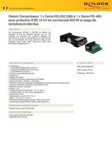 DeLOCK 62919 Converter 1 x Serial RS-232 DB9 to 1 x Serial RS-485 Fiche technique | Fixfr