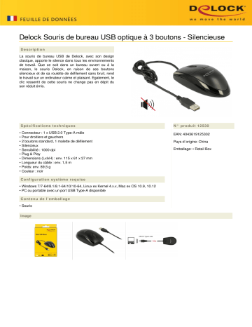 DeLOCK 12530 Optical 3-button USB Desktop Mouse – Silent Fiche technique | Fixfr