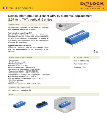 DeLOCK 66102 DIP sliding switch 10-digit 2.54 mm pitch THT vertical blue 5 pieces Fiche technique | Fixfr