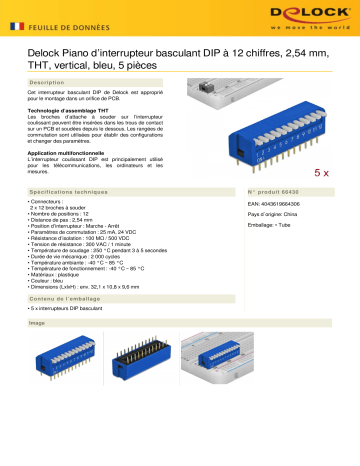 DeLOCK 66430 DIP flip switch piano 12-digit 2.54 mm pitch THT vertical blue 5 pieces Fiche technique | Fixfr