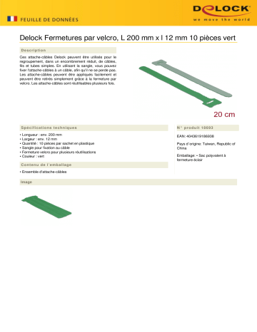 DeLOCK 18693 Hook-and-loop fasteners L 200 mm x W 12 mm 10 pieces green Fiche technique | Fixfr