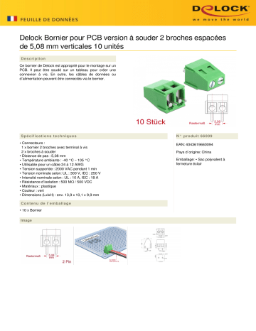 DeLOCK 66009 Terminal block for PCB soldering version 2 pin 5.08 mm pitch vertical 10 pieces Fiche technique | Fixfr