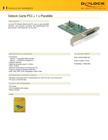 DeLOCK 89015 PCI Card > 1 x Parallel Fiche technique | Fixfr