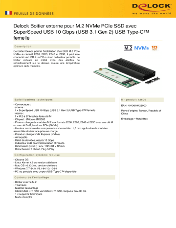 DeLOCK 42600 External Enclosure for M.2 NVMe PCIe SSD Fiche technique | Fixfr