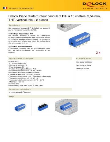 DeLOCK 66146 DIP flip switch piano 10-digit 2.54 mm pitch THT vertical blue 2 pieces Fiche technique | Fixfr