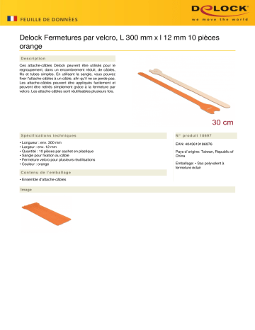 DeLOCK 18697 Hook-and-loop fasteners L 300 mm x W 12 mm 10 pieces orange Fiche technique | Fixfr