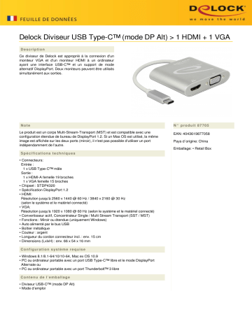 DeLOCK 87705 USB Type-C™ Splitter (DP Alt Mode) > 1 x HDMI + 1 x VGA out Fiche technique | Fixfr