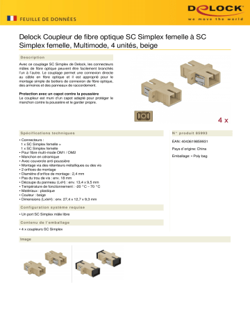 DeLOCK 85993 Optical Fiber Coupler SC Simplex female to SC Simplex female Multi-mode 4 pieces beige Fiche technique | Fixfr